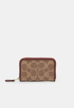 Coach COATED SIGNATURE SMALL ZIP AROUND CARD CASE - Wallet - Tan Rust